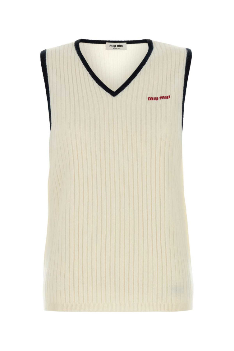 Miu Miu Sleeveless Ribbed Cashmere Gilet In Beige