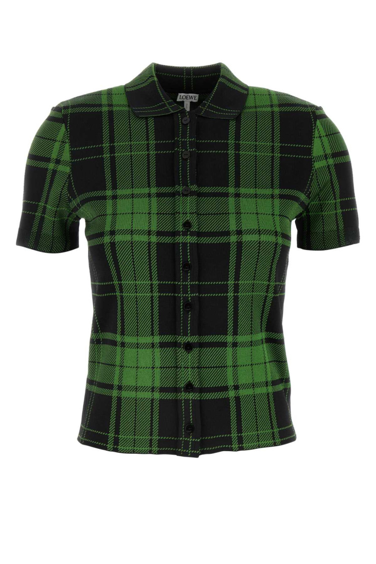 Shop Loewe Green Embroidered Stretch Silk Blend Shirt