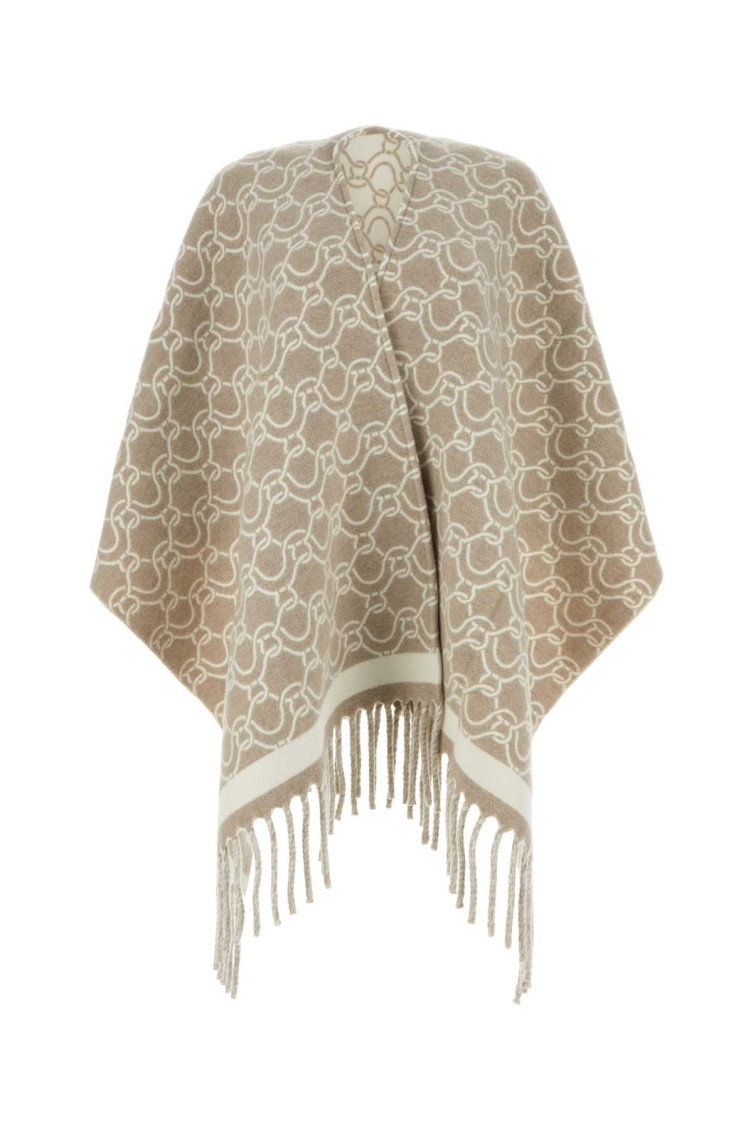 Ferragamo Embroidered Pattern Wool Cape In Beige
