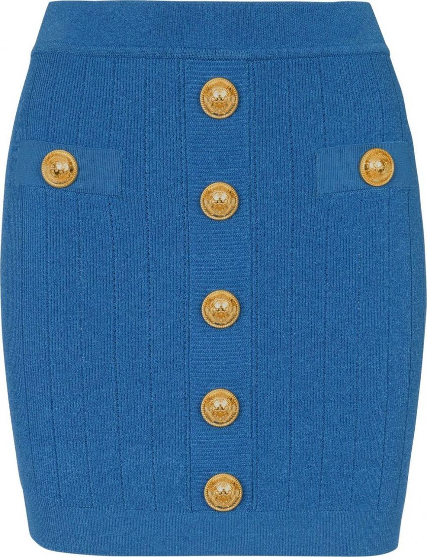 Balmain Knitted Mini Skirt With Decorative Buttons In Blue