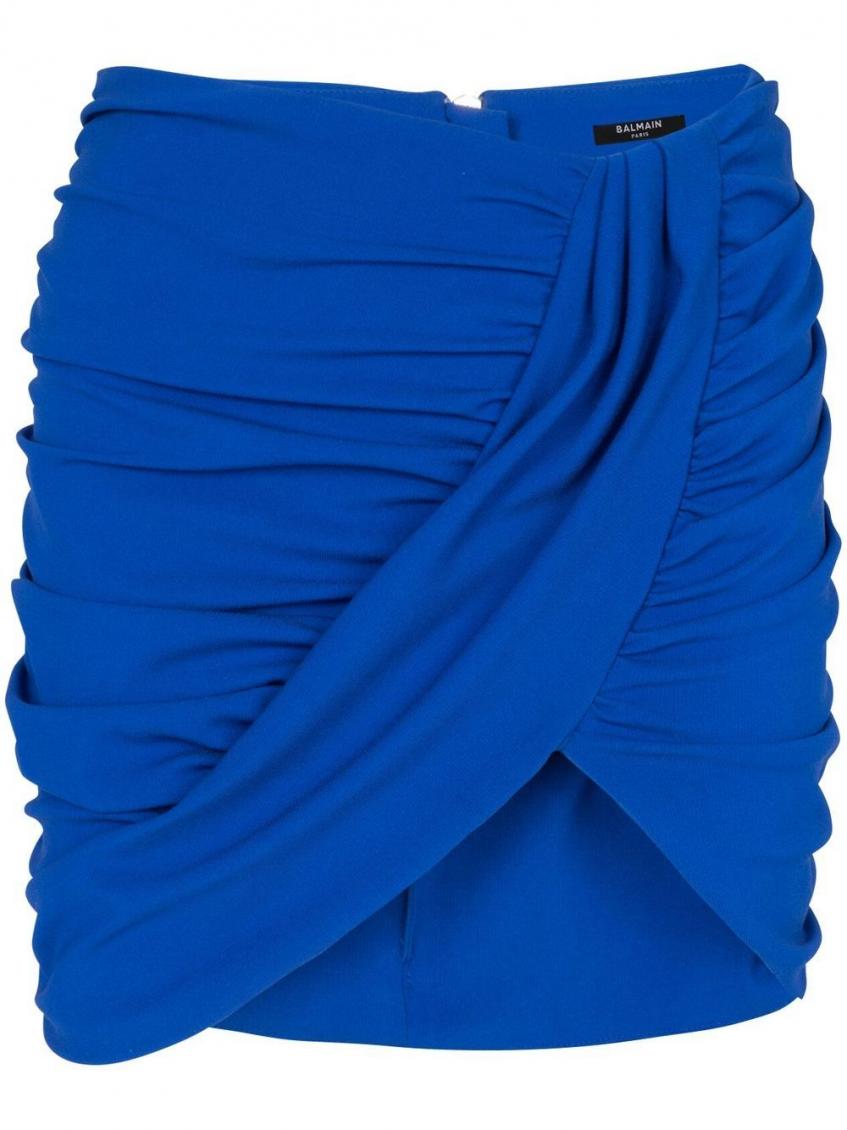 Shop Balmain Blue Draped Jersey Mini Skirt In Royal Blue