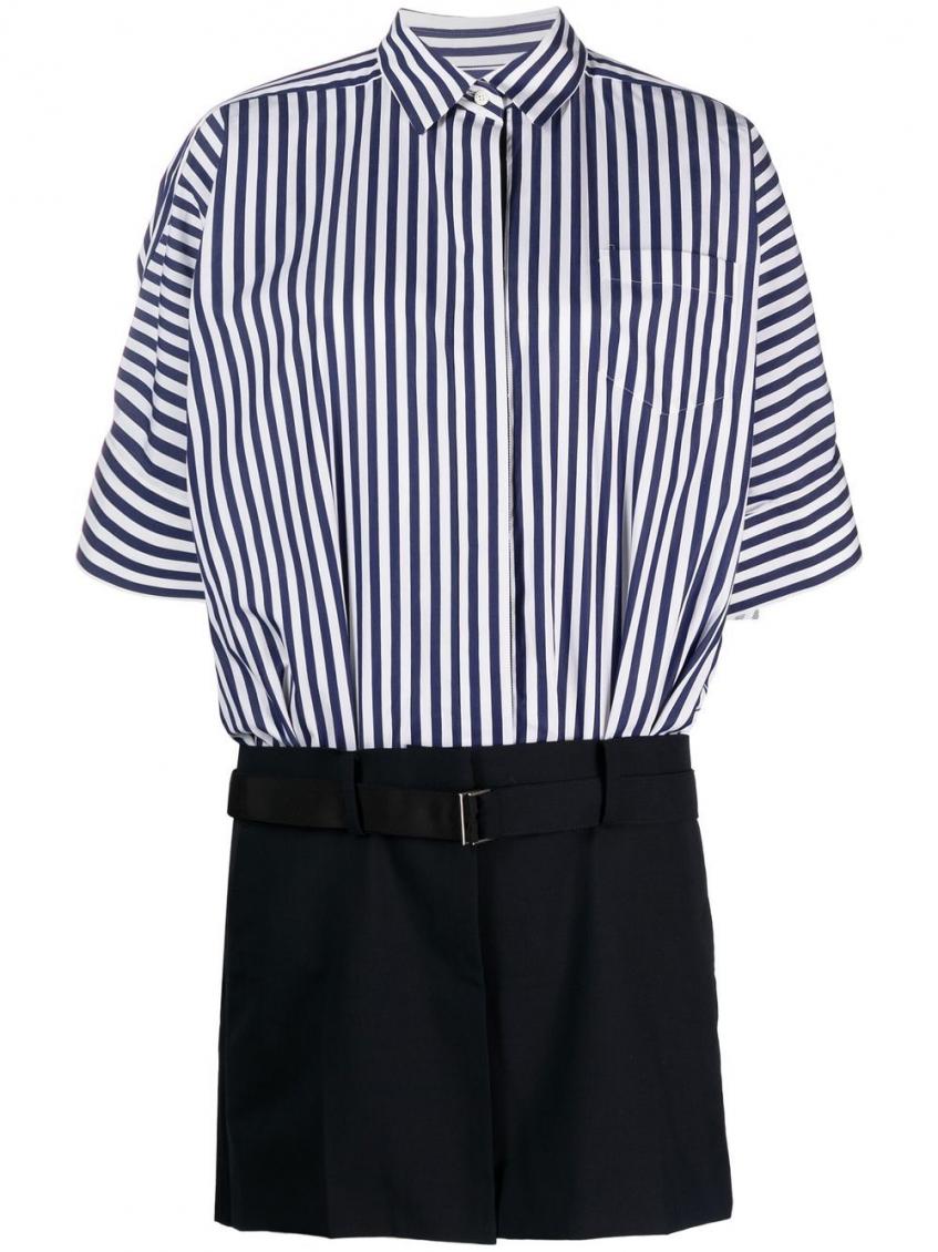 Sacai Cotton Poplin Dress Striped Pattern In Navy Blue