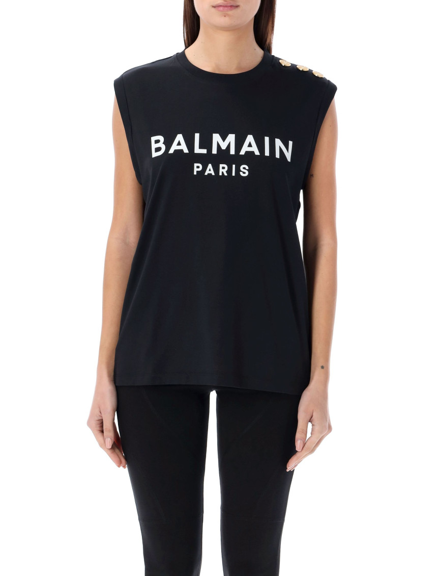 Balmain Embossed-buttons Logo-print Tank Top In Black