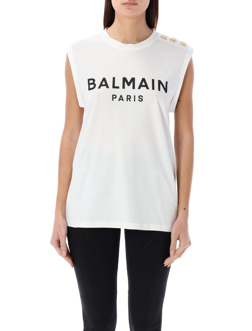 Balmain Button-detail Logo-print Tank Top In White