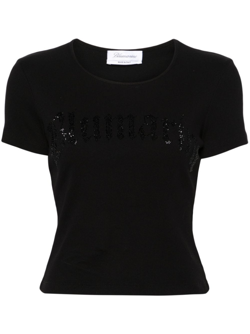 Blumarine Women Logo Ribbed Cotton Cropped T-shirt In Black