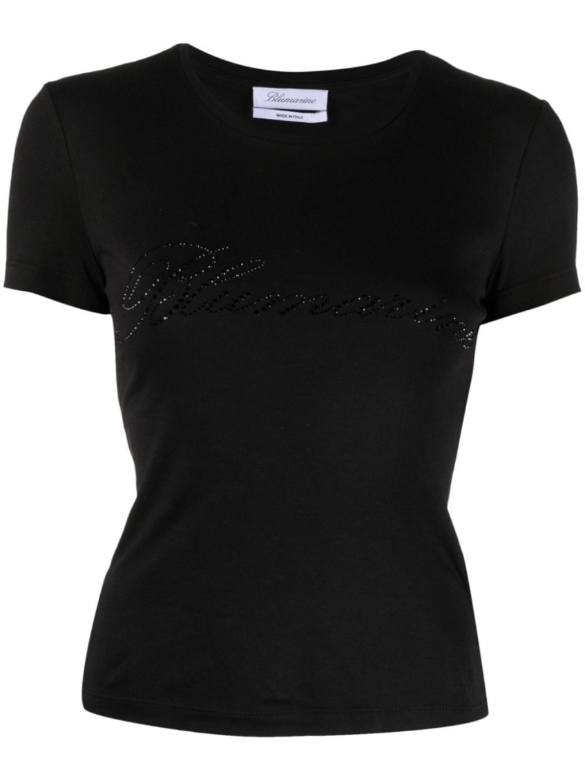 Blumarine Tulle T-shirt With Rhinestone Logo In Black