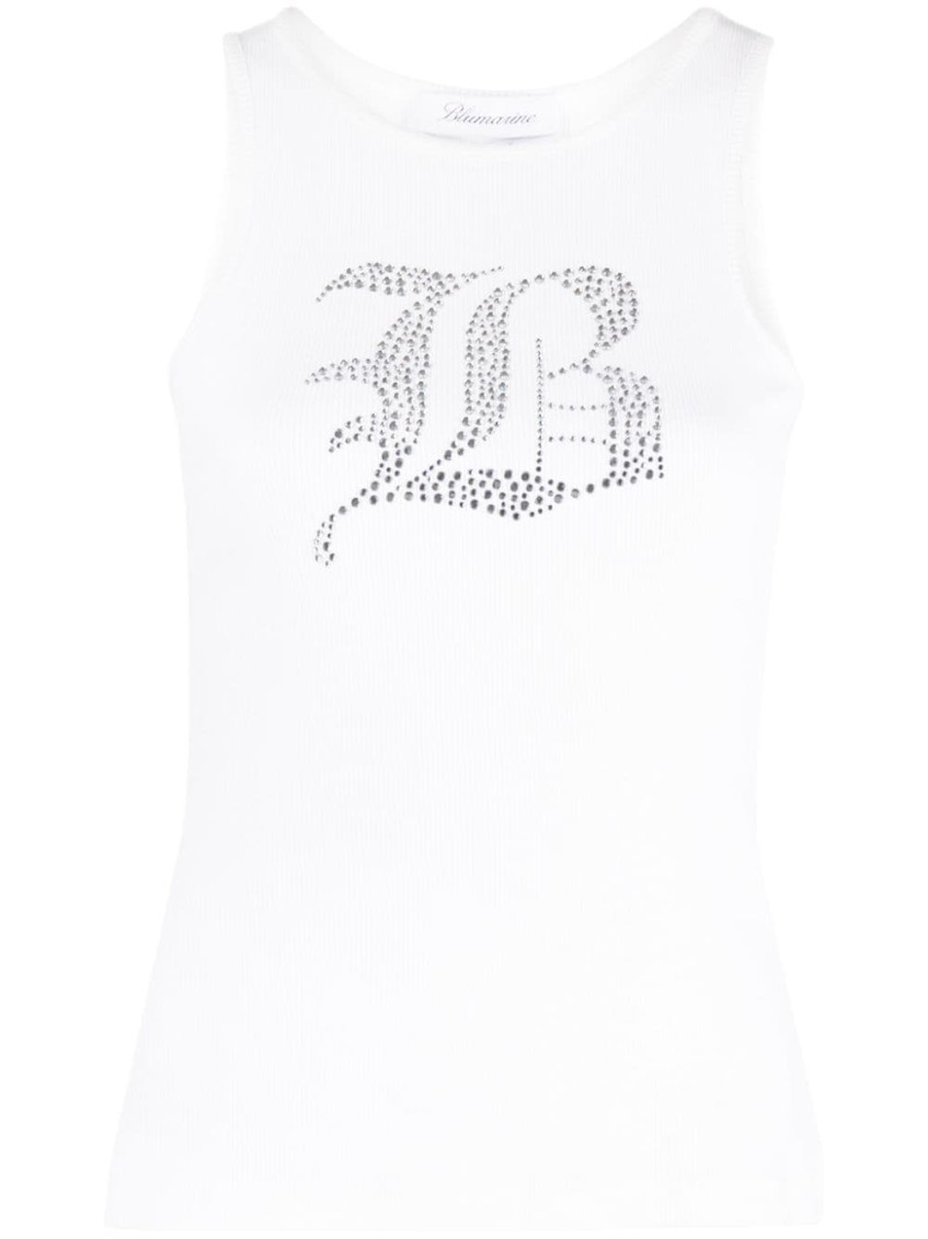 Blumarine Ribbed Tank Top With Rhinestoned Logo In White