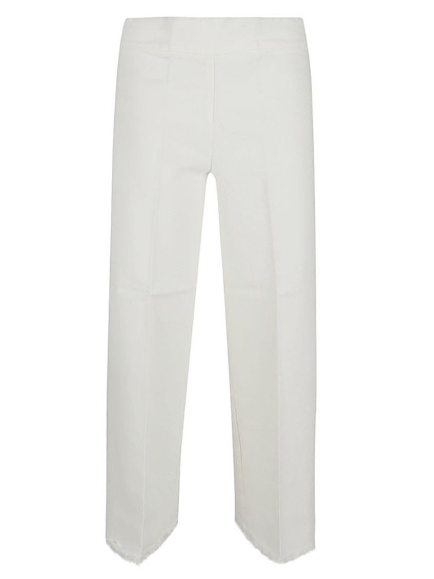AVENUE MONTAIGNE WHITE CROPPED FRAYED DENIM TROUSERS 