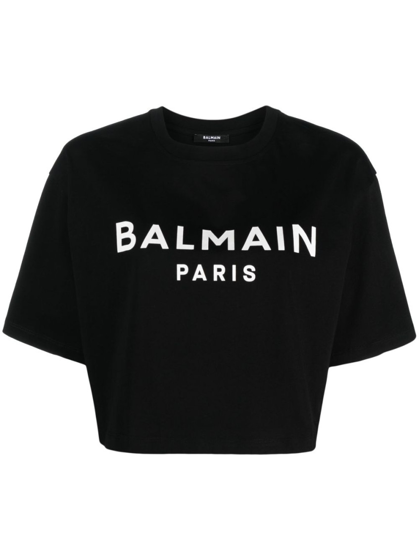 Shop Balmain Black Logo Cropped Cotton T-shirt
