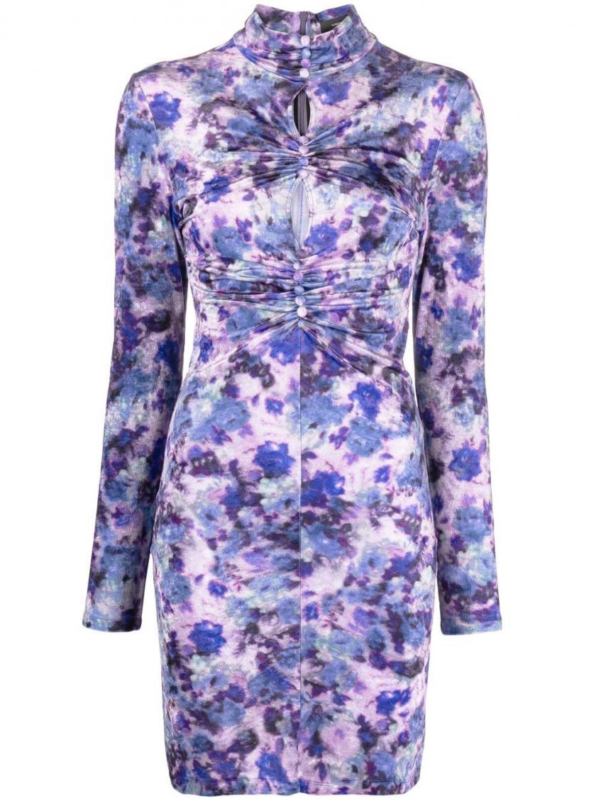 Isabel Marant Cutout Ruched Floral Print Stretch-velvet Mini Dress In Purple