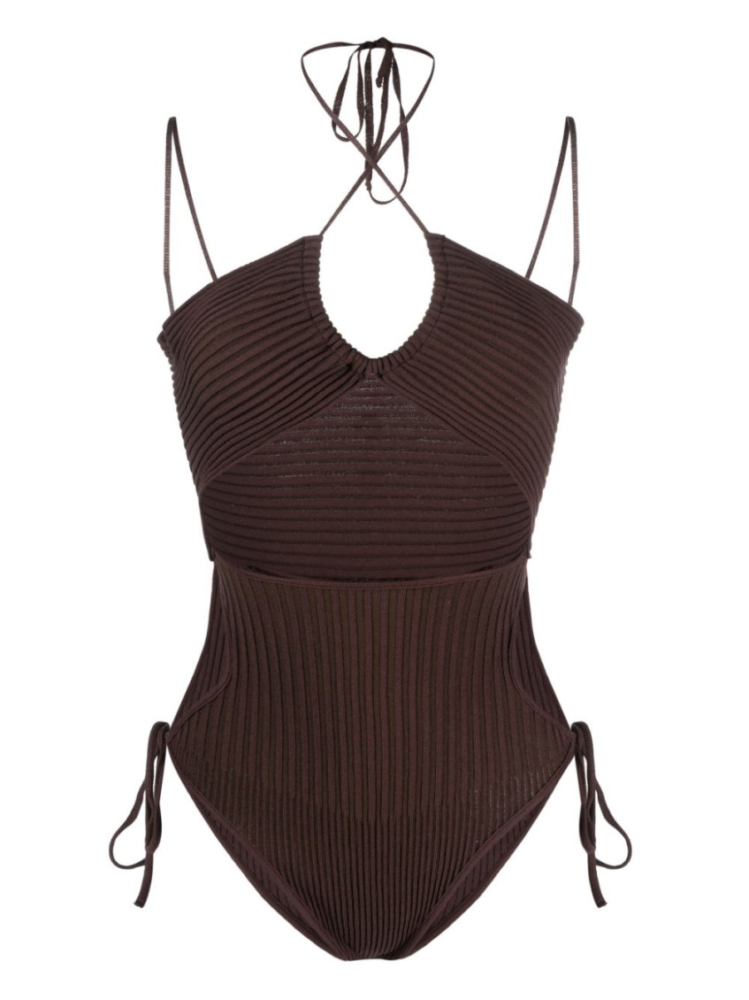 Andreädamo Halterneck-fastening Ribbed-knit Bodysuit In Brown