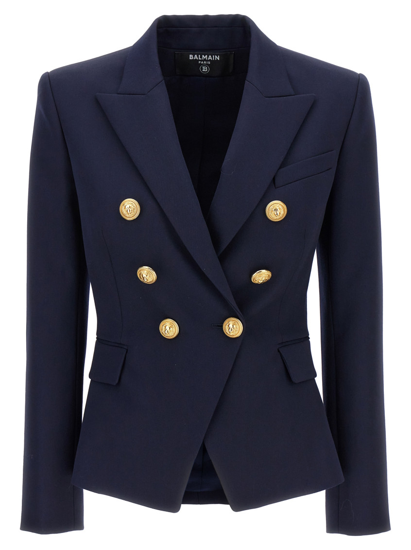 Shop Balmain Dark Blue Double-breasted Wool Blazer