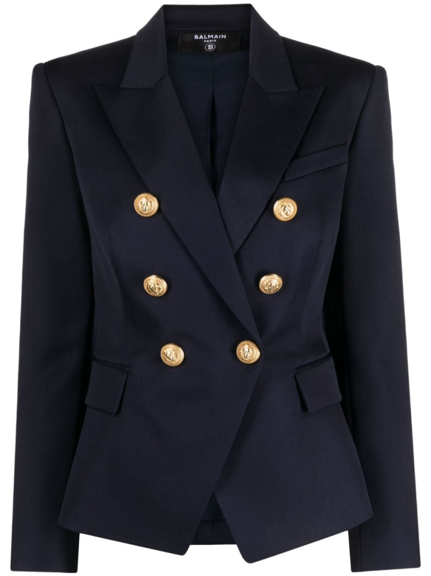 Shop Balmain Dark Blue Double-breasted Wool Blazer
