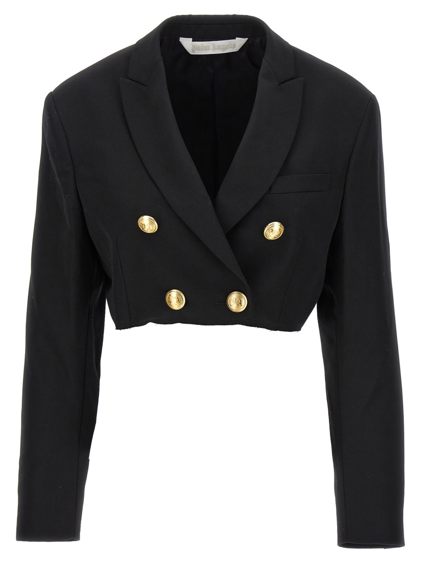 Palm Angels Double-breasted Cropped Blazer With Gold Button Accents In Black