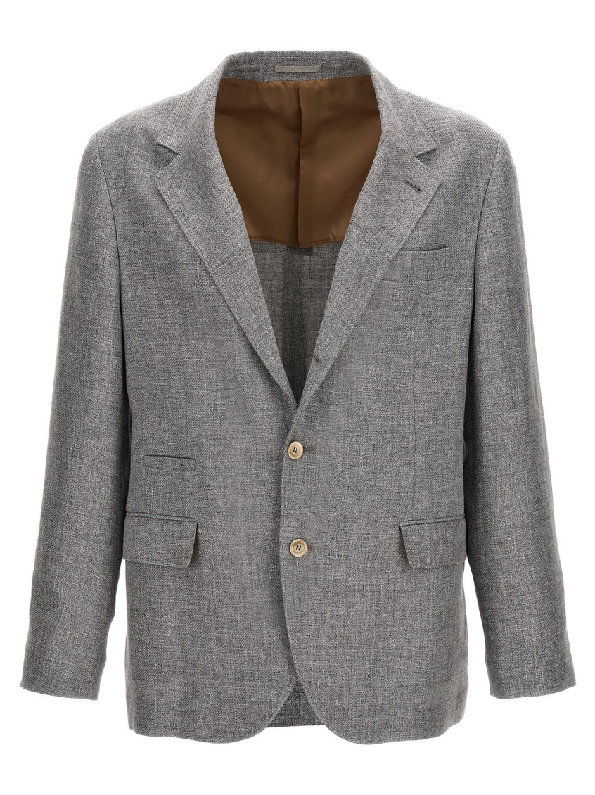BRUNELLO CUCINELLI GREY SINGLE-BREASTED LINEN BLEND BLAZER