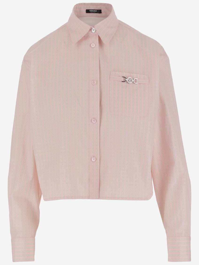 Versace Pink Pinstripe Chain Cropped Shirt In Pink