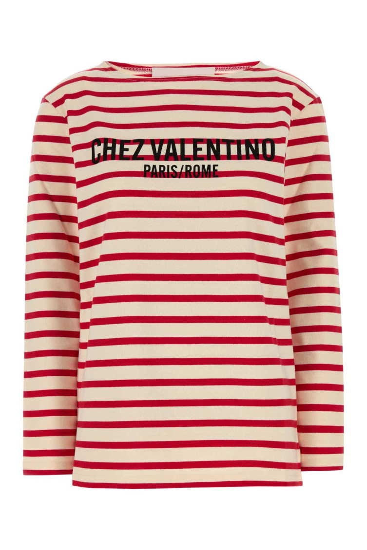 Valentino Striped Cotton Jersey Long Sleeve T-shirt Ivory And Red In Red
