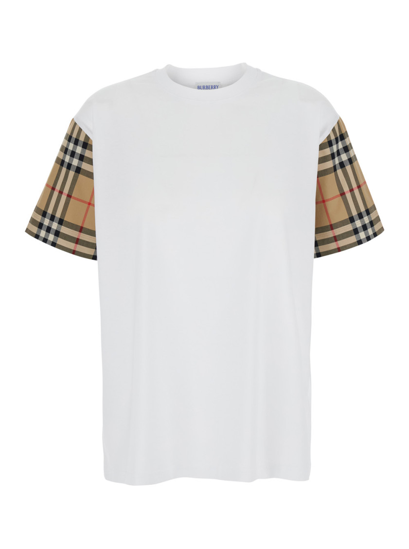 Burberry White T-shirt With Vintage Check Motif On The Sleeves In Cotton Woman