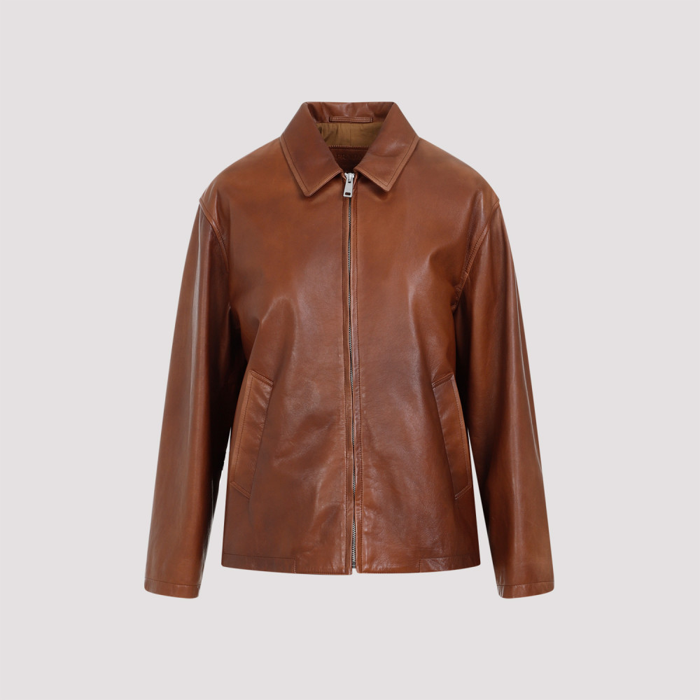 Prada Enamel-logo Leather Jacket In Brown