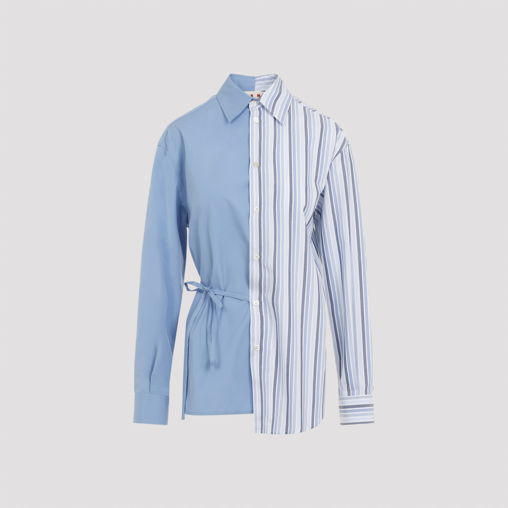Marni Cotton Shirt With Asymmetric Hem And Striped Pattern In Light Blue