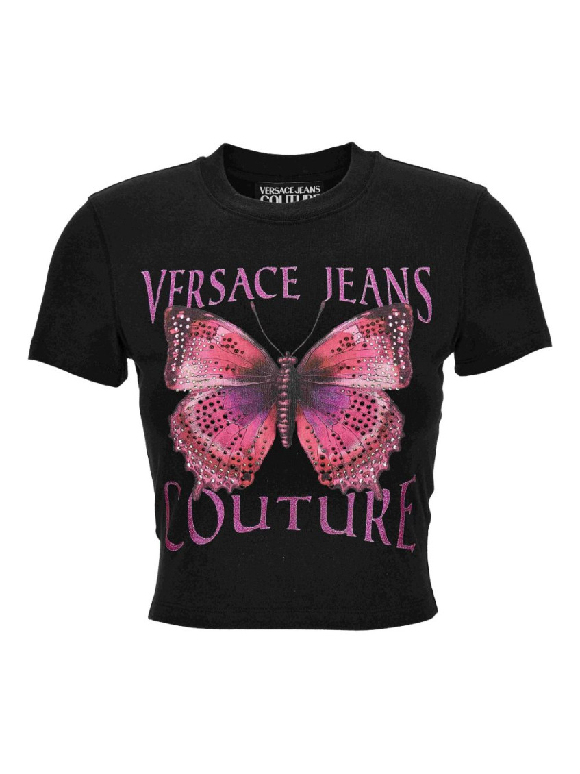 Versace Jeans Couture Black Cotton Crew-neck T-shirt With Print In Black