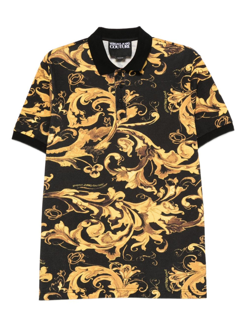 Versace Jeans Couture Baroque-inspired Black And Gold Polo Shirt In Black