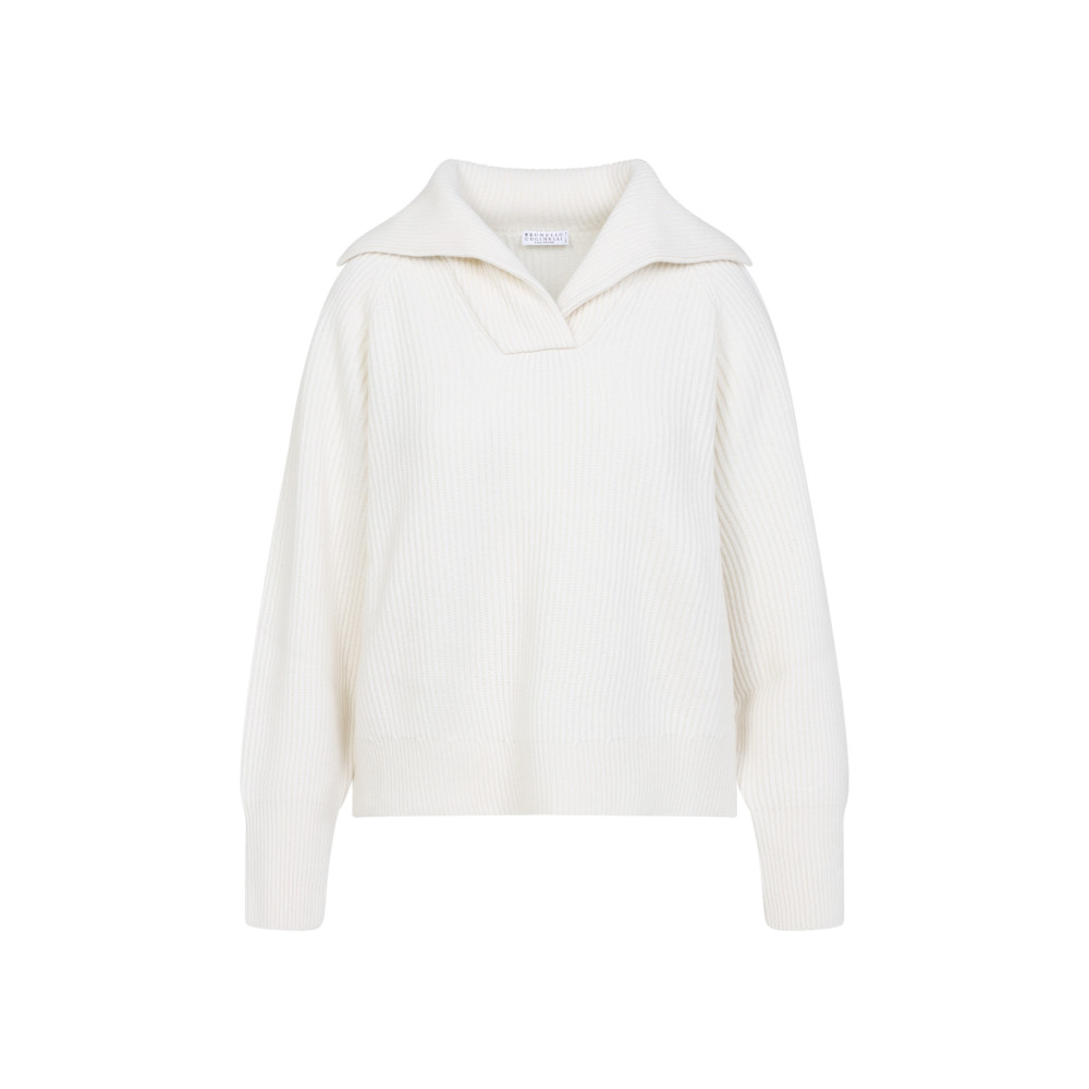Brunello Cucinelli Wide Collar Ribbed Knit Sweater In White