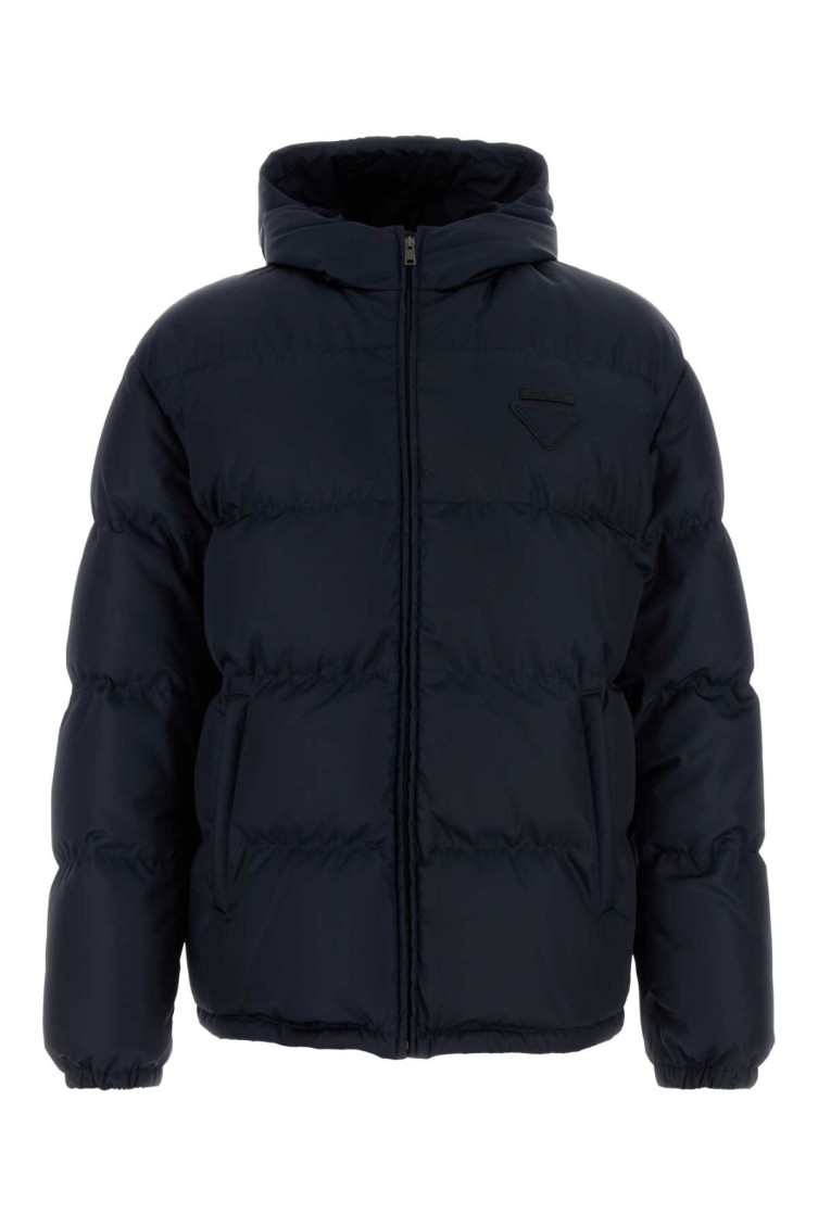 Prada Hooded Quilted Down Jacket With Side Pockets In Blue
