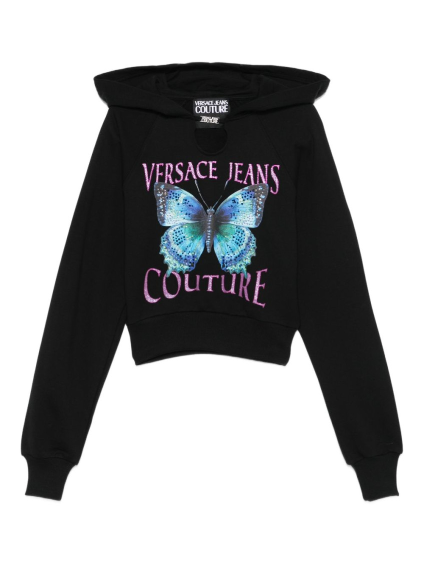 Versace Jeans Couture Black Long Sleeves Printed Hoodie In Black