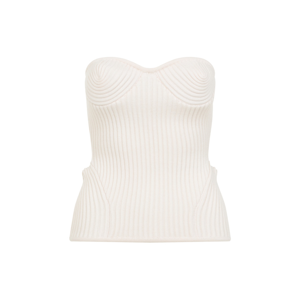 Jean Paul Gaultier White Merino Wool Ribbed Stretch Corset In White