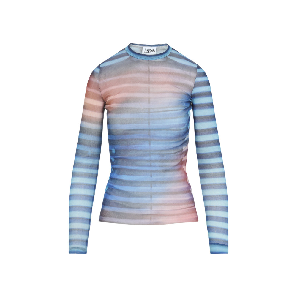 Jean Paul Gaultier Light Blue Mesh Printed Air Long Sleeves Top In Blue