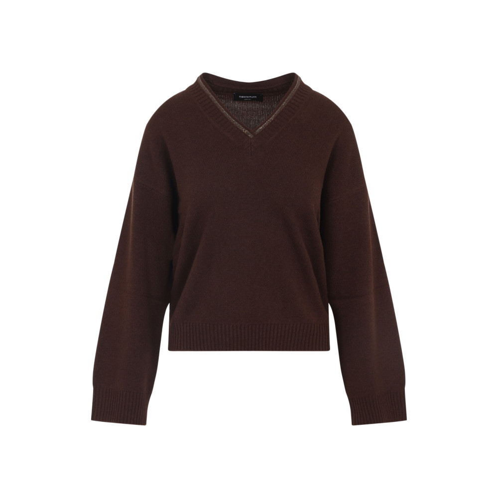 Fabiana Filippi Wool Silk Cashmere Blend V Neck Sweater In Brown