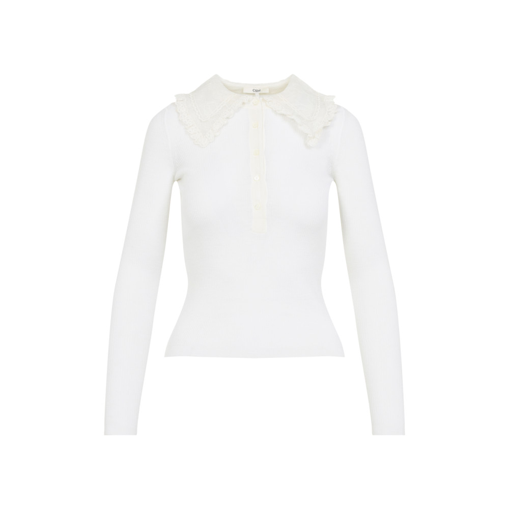Chloé Fitted Wool Sweater With Lace Collar In White