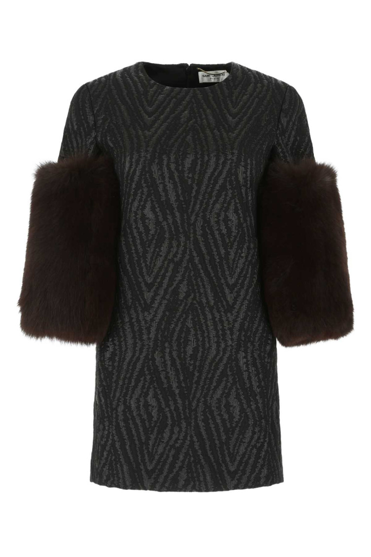 Saint Laurent Black Crewneck Mini Dress In Multi