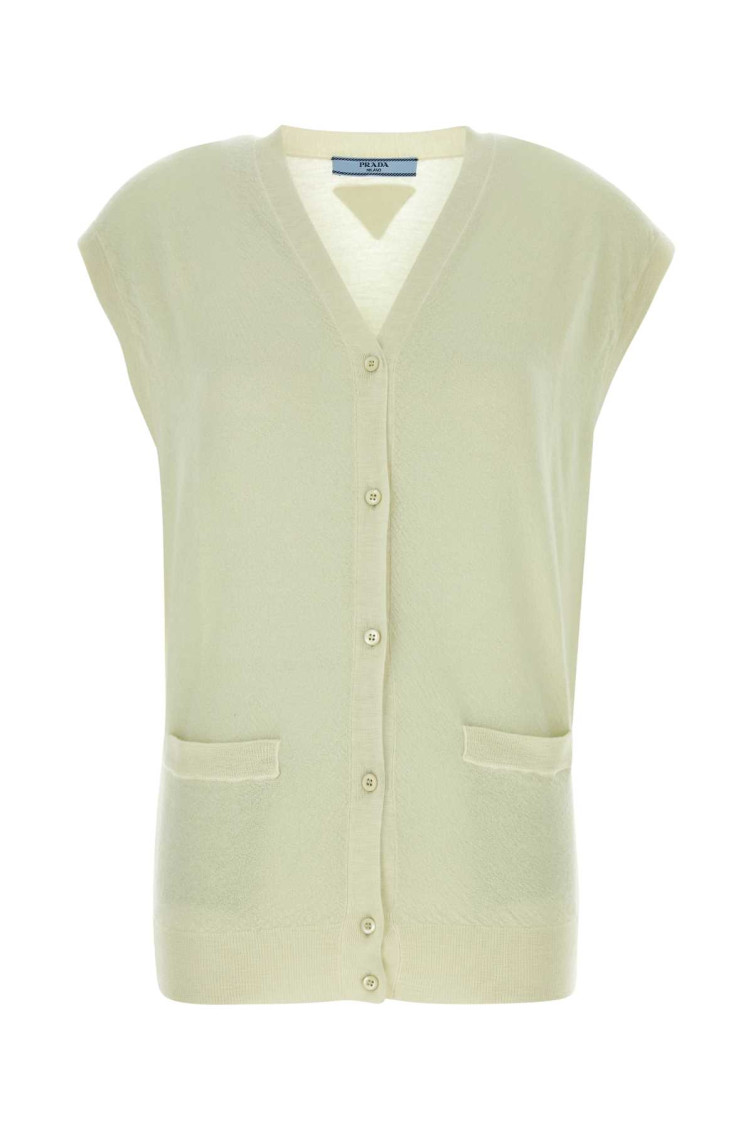 Prada Cashmere Vest With Cap Sleeves And Front Pockets In Beige