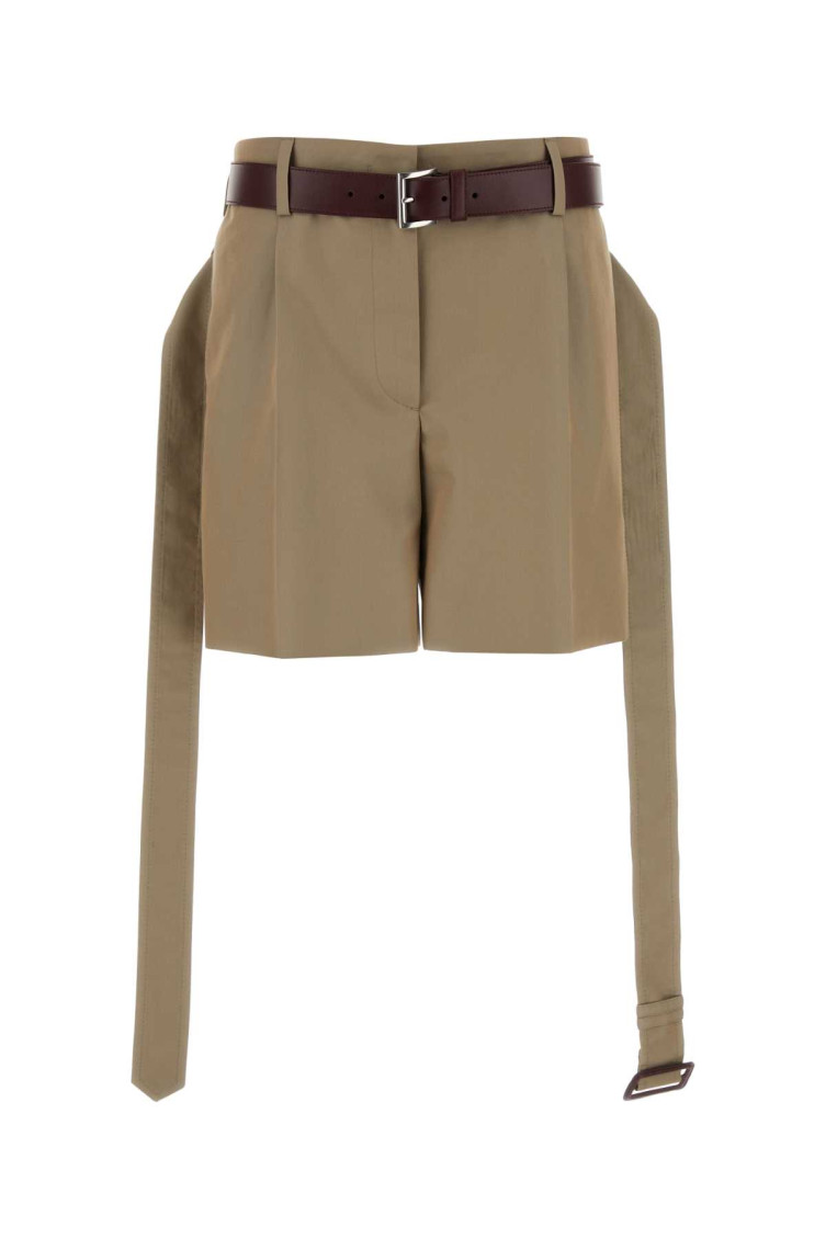 Prada Twill Shorts With Belted Waist And Pleated Front In Khaki