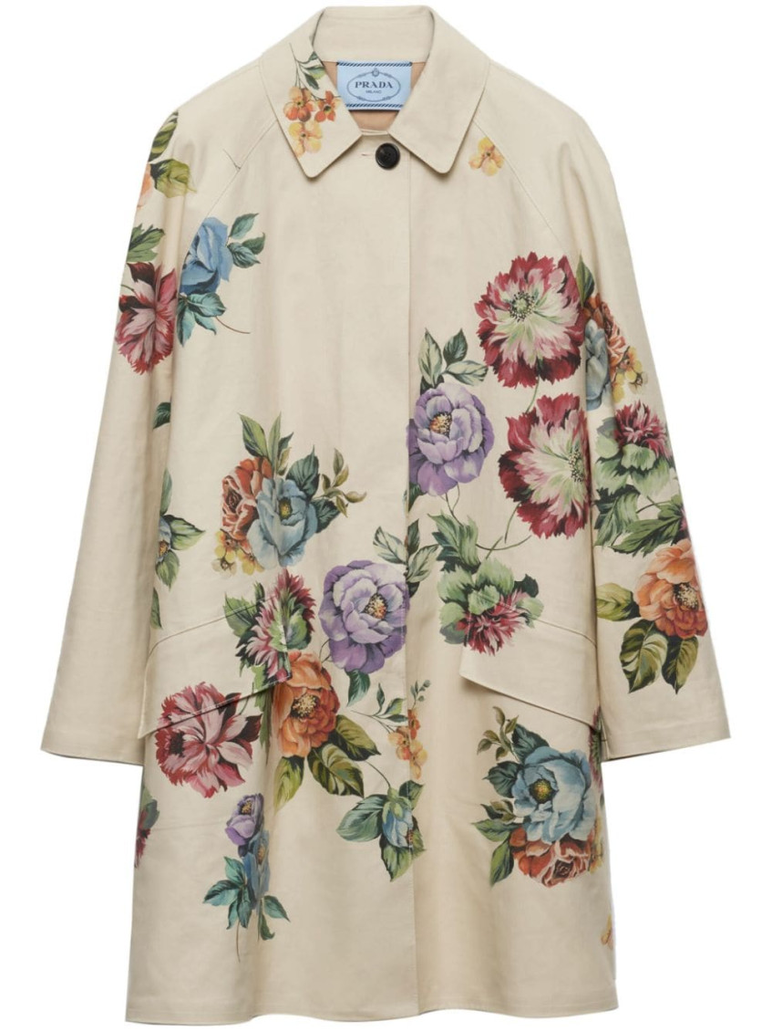 Prada Grey Floral-print Single-breasted Coat In Multicolor