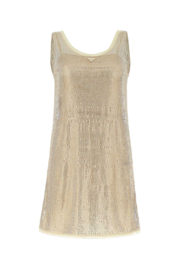 Prada Logo Plaque Embellished Sleeveless Dress In Gold