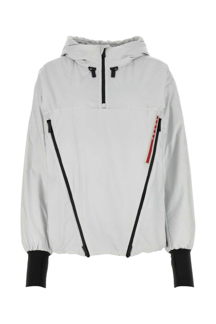 Prada Hooded Polyester Jacket With Elasticated Cuffs In Grey