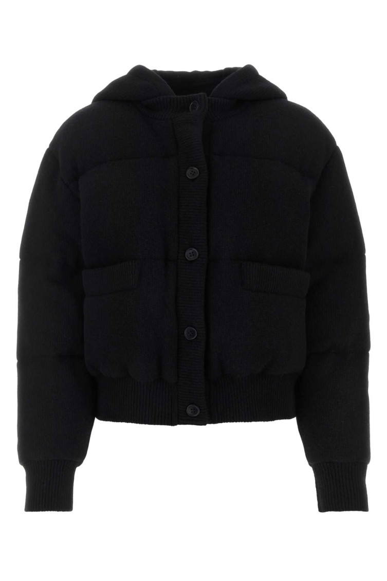 Prada Hooded Wool Blend Jacket With Elastic Cuffs In Black