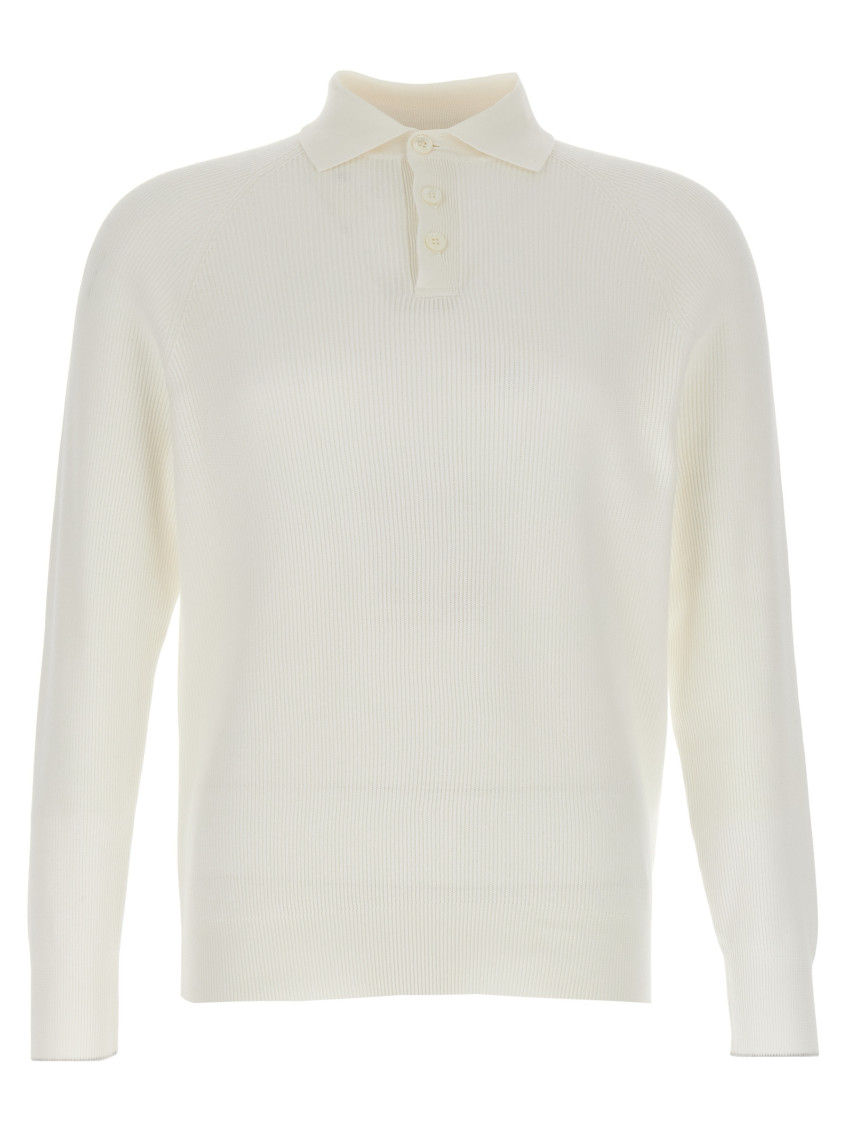 Brunello Cucinelli Ribbed Long Sleeve Polo Shirt In White