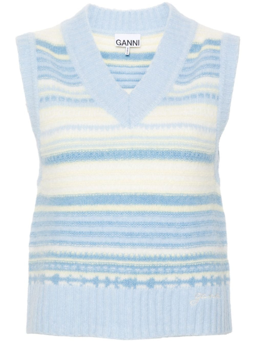 Ganni Women Multicolor Knit Vest With Stripe Motif In Wool Woman In Sky Blue