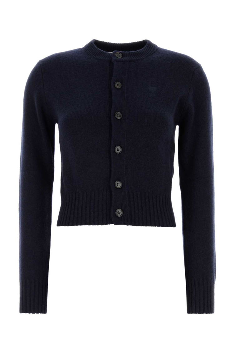 Ami Alexandre Mattiussi Heart-embroidered Button Wool Cardigan In Navy Blue