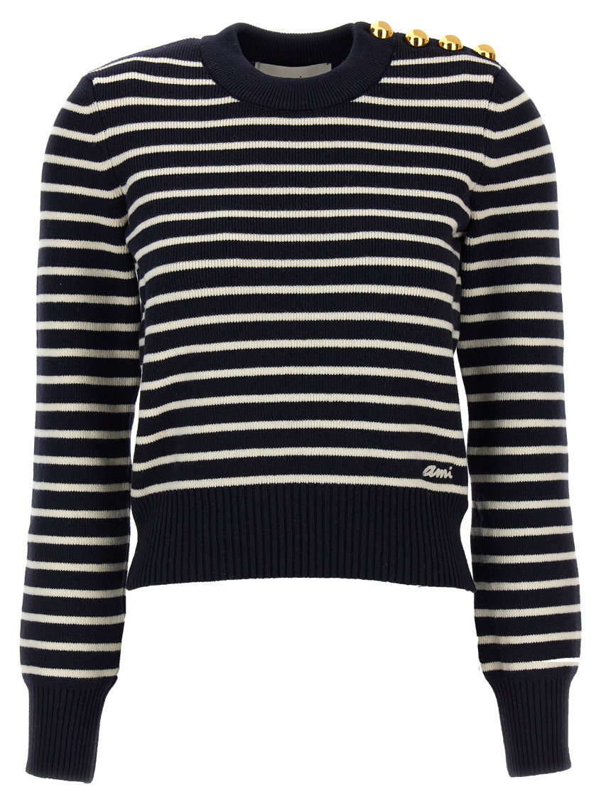 Ami Alexandre Mattiussi Ami Paris Cotton Blend Striped Sweater In Navy Blue