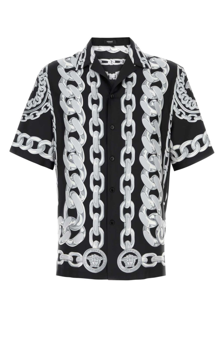 Versace Black And White Bowling Shirt With Cuban Collar And All-over Chain-link Print In Silk Man In Blackwhite