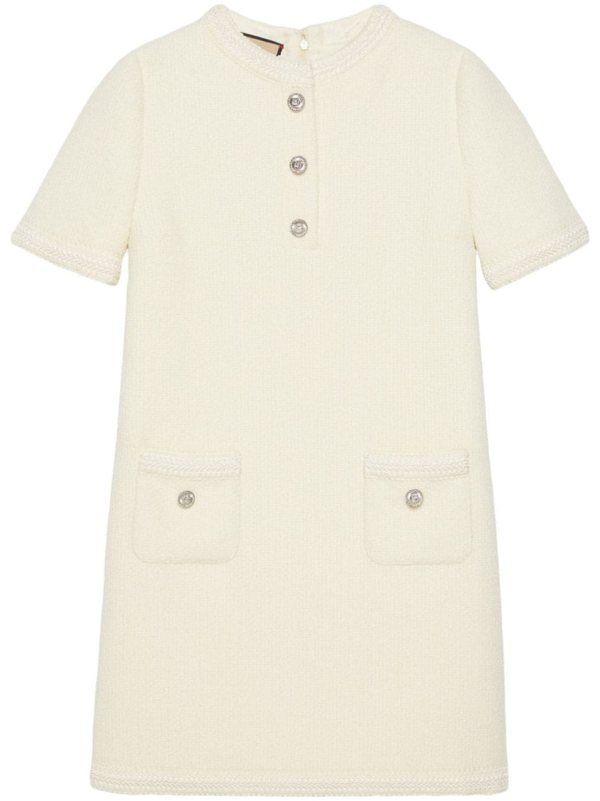 Gucci Dress Wool Tweed Embroidered Trim In White