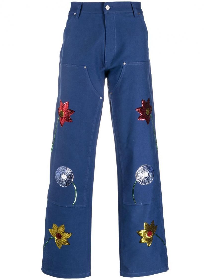 Sky High Farm Universe Navy Blue Embroidered Denim Jeans In Navy Blue