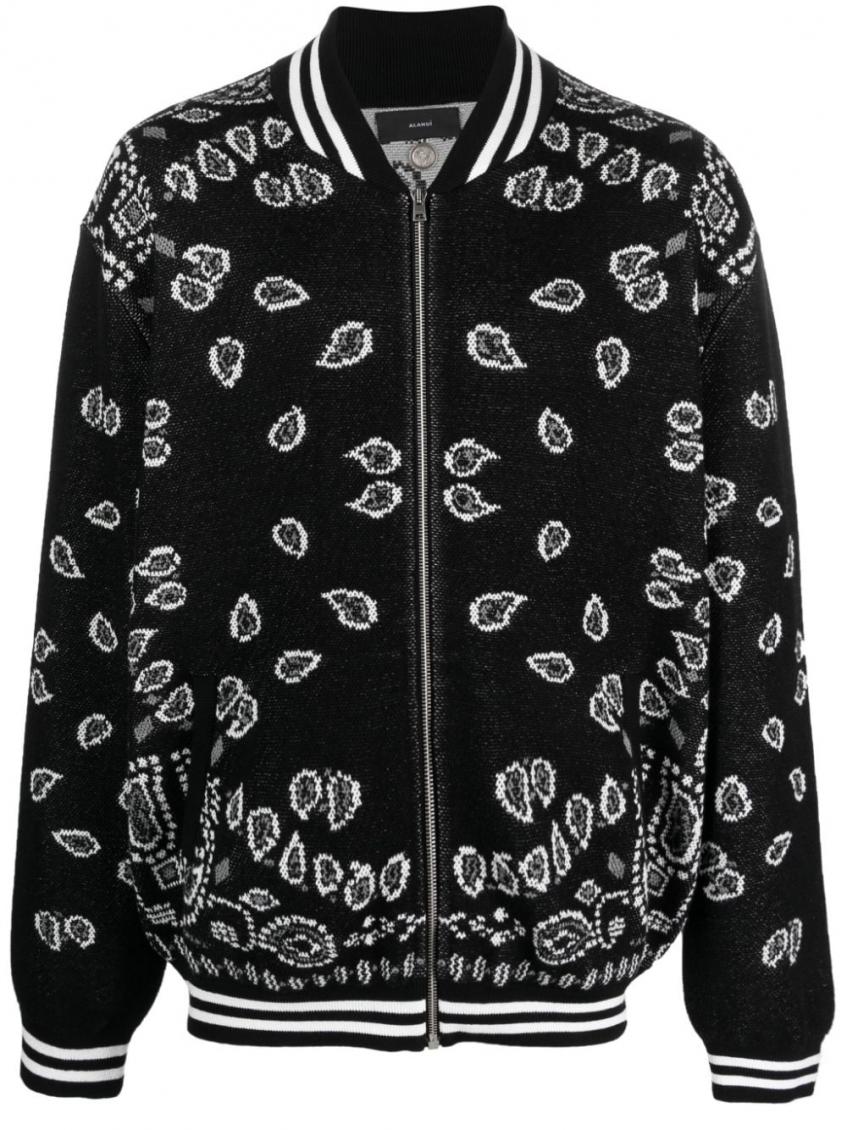 Alanui Paisley Intarsia Knited Zip-up Bomber Jacket In Black