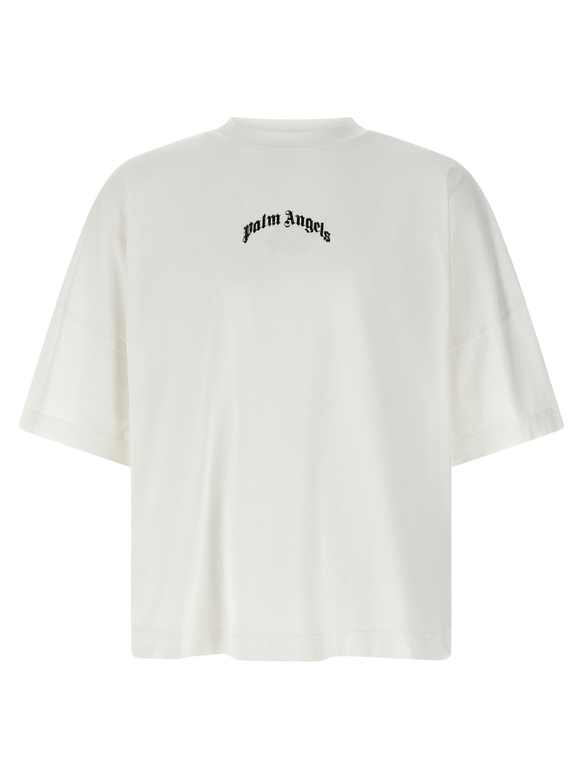 Palm Angels White Black Curved Logo T-shirt In White