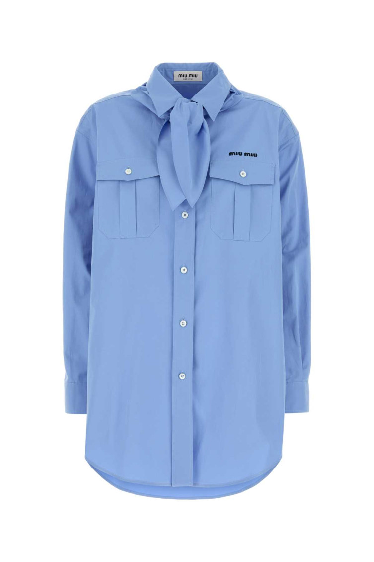 Miu Miu Top With Chest Pockets And Long Sleeves In Light Blue